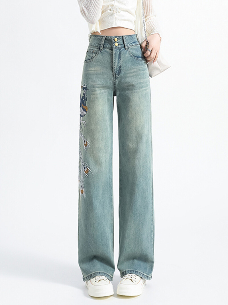 2024 m. vasara Nauji moteriški džinsai su aukštu juosmeniu, siuvinėti madingi, ploni džinsiniai kelnės tiesiomis kojomis Retro stiliaus laisvalaikio moteriški drabužiai