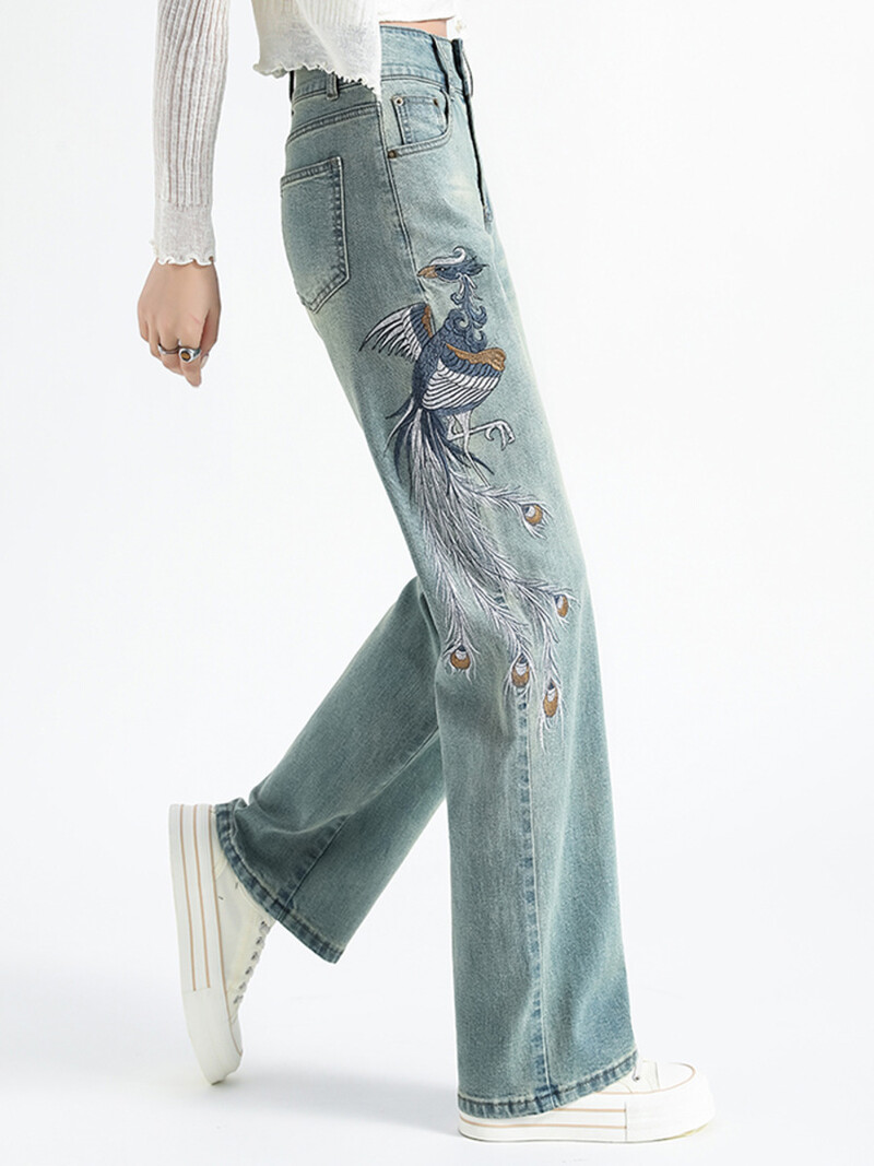 2024 m. vasara Nauji moteriški džinsai su aukštu juosmeniu, siuvinėti madingi, ploni džinsiniai kelnės tiesiomis kojomis Retro stiliaus laisvalaikio moteriški drabužiai