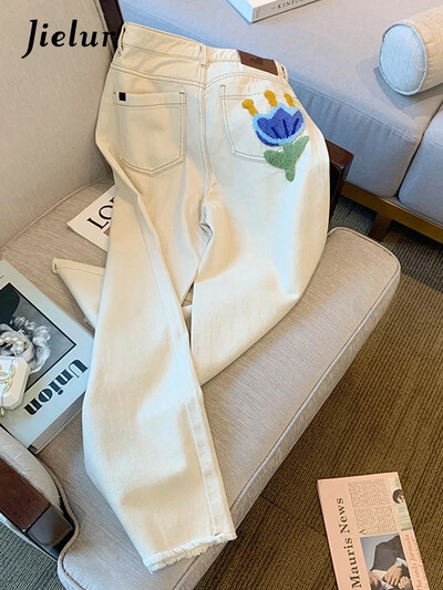 Jielur Κεντητό με πετσέτα ψηλόμεσο γυναικείο τζιν Chic Νέο λεπτό ίσιο γυναικείο παντελόνι Γυναικείο casual βερίκοκο τζιν S-XL