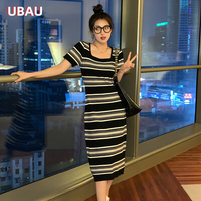 UBAU 2024 Jauna svītraina kleita sieviešu vasaras Spice Girl īsām piedurknēm viduklis Slim gurnu svārki gari mājas apģērbi pidžamas sievietēm