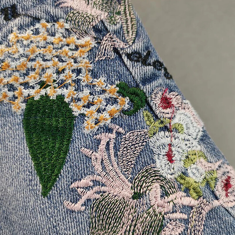 Retró hímzésű egyenes farmer Női mosott farmer nadrág tavaszi pamut sztreccs magas derekú, laza alkalmi női farmernadrág E3619