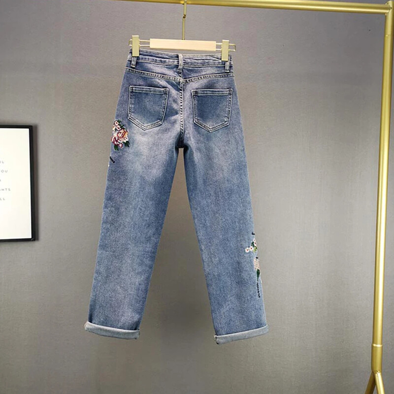 Retró hímzésű egyenes farmer Női mosott farmer nadrág tavaszi pamut sztreccs magas derekú, laza alkalmi női farmernadrág E3619