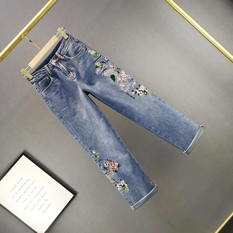 Retró hímzésű egyenes farmer Női mosott farmer nadrág tavaszi pamut sztreccs magas derekú, laza alkalmi női farmernadrág E3619