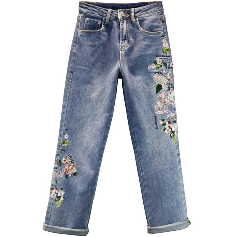 Retró hímzésű egyenes farmer Női mosott farmer nadrág tavaszi pamut sztreccs magas derekú, laza alkalmi női farmernadrág E3619
