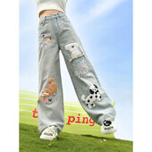 Rudens modes izšūts savārstījums Jauki meiteņu džinsi ar augstu vidukli Sieviešu brīvs ikdienas ielas apģērbs Taisnas, platas bikses sievietēm