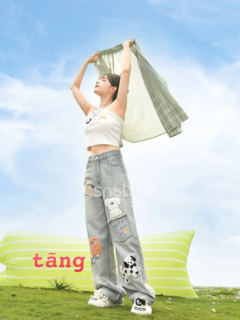 Rudens modes izšūts savārstījums Jauki meiteņu džinsi ar augstu vidukli Sieviešu brīvs ikdienas ielas apģērbs Taisnas, platas bikses sievietēm