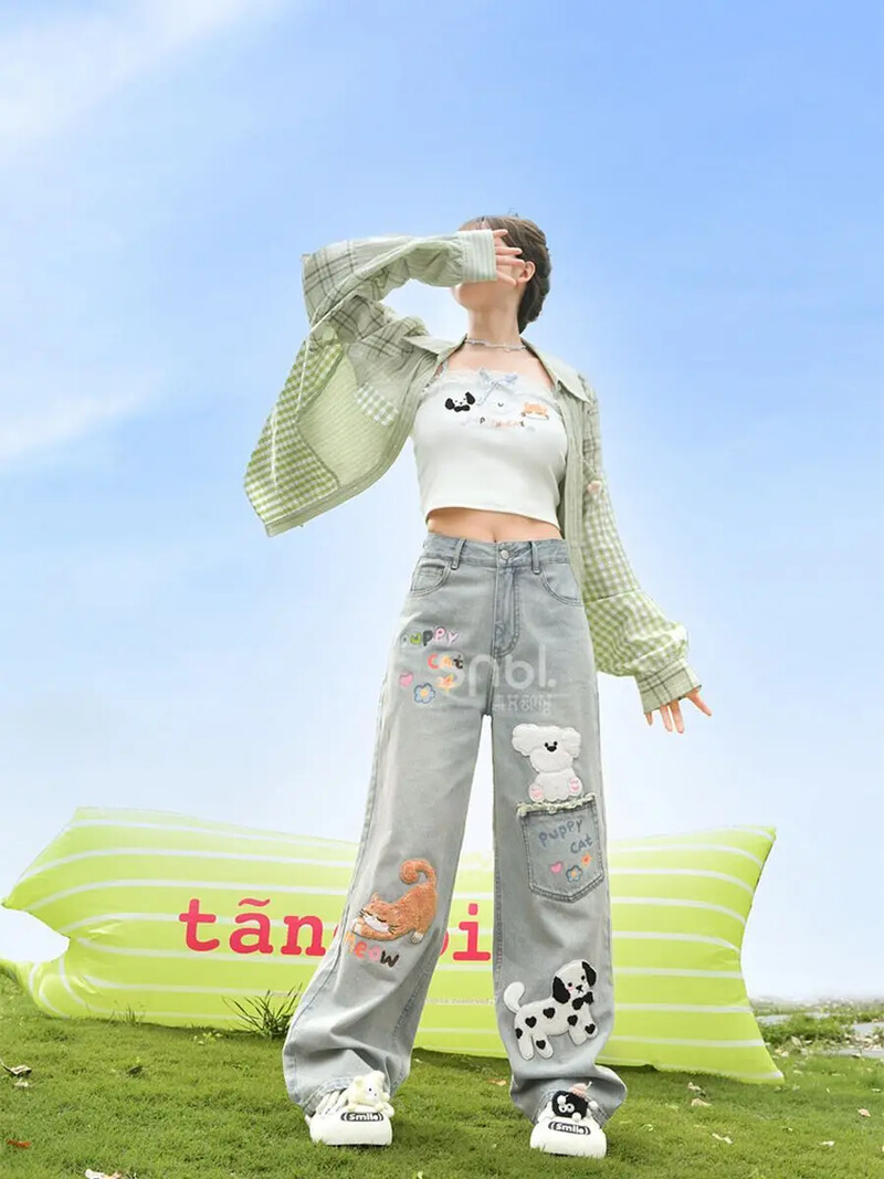 Rudens modes izšūts savārstījums Jauki meiteņu džinsi ar augstu vidukli Sieviešu brīvs ikdienas ielas apģērbs Taisnas, platas bikses sievietēm