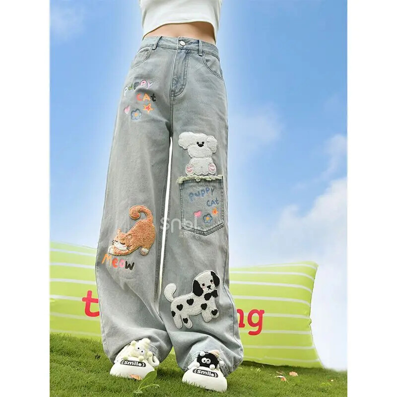 Rudens modes izšūts savārstījums Jauki meiteņu džinsi ar augstu vidukli Sieviešu brīvs ikdienas ielas apģērbs Taisnas, platas bikses sievietēm