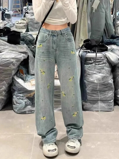 Siuvinėjimas Džinsai aukštu liemeniu Moteriški Gatvės Hip Hophot Deimantai Vintažiniai Baggy Džinsai Moteriški drabužiai Laisvi laisvalaikio kelnės Moteriški džinsai