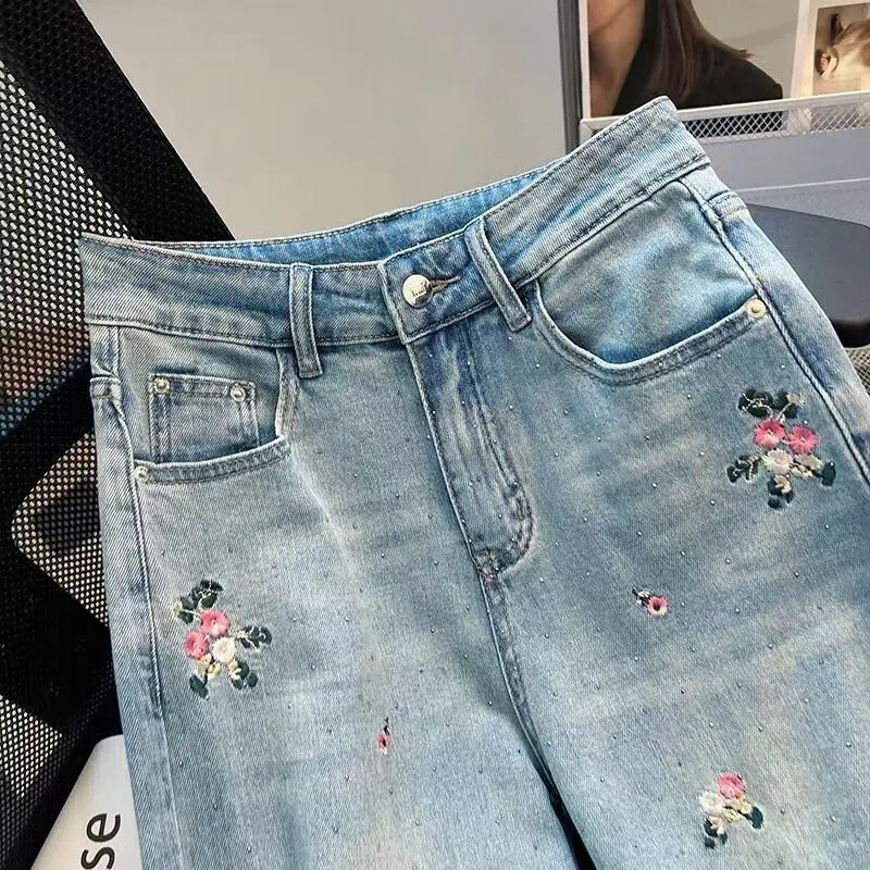 Siuvinėjimas Džinsai aukštu liemeniu Moteriški Gatvės Hip Hophot Deimantai Vintažiniai Baggy Džinsai Moteriški drabužiai Laisvi laisvalaikio kelnės Moteriški džinsai