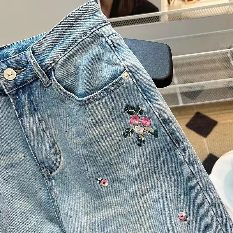 Siuvinėjimas Džinsai aukštu liemeniu Moteriški Gatvės Hip Hophot Deimantai Vintažiniai Baggy Džinsai Moteriški drabužiai Laisvi laisvalaikio kelnės Moteriški džinsai