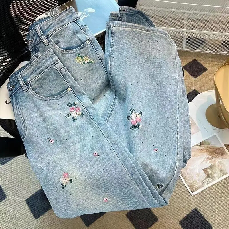 Siuvinėjimas Džinsai aukštu liemeniu Moteriški Gatvės Hip Hophot Deimantai Vintažiniai Baggy Džinsai Moteriški drabužiai Laisvi laisvalaikio kelnės Moteriški džinsai