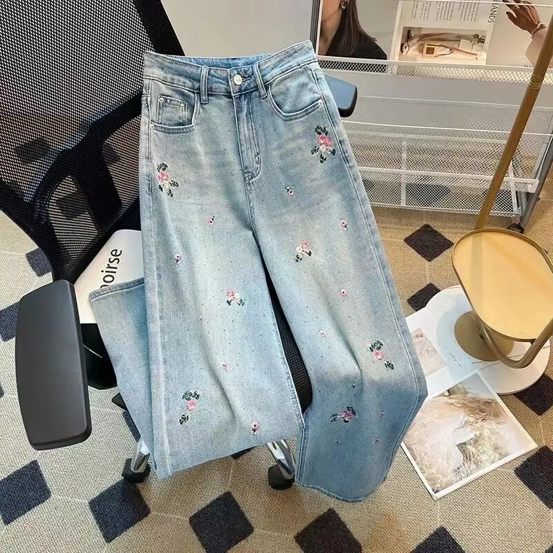 Siuvinėjimas Džinsai aukštu liemeniu Moteriški Gatvės Hip Hophot Deimantai Vintažiniai Baggy Džinsai Moteriški drabužiai Laisvi laisvalaikio kelnės Moteriški džinsai