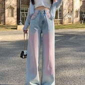 Dizaino skaistalai džinsai, moteriškos naujos mados tendencijos plonos retro Honkongo stiliaus tiesios gradiento kelnės