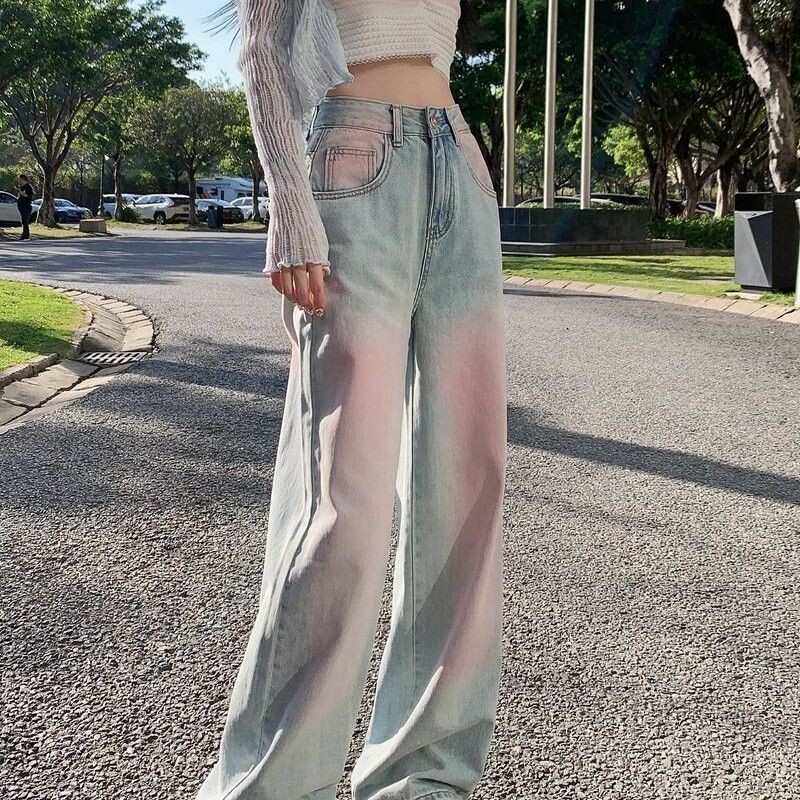 Dizaino skaistalai džinsai, moteriškos naujos mados tendencijos plonos retro Honkongo stiliaus tiesios gradiento kelnės