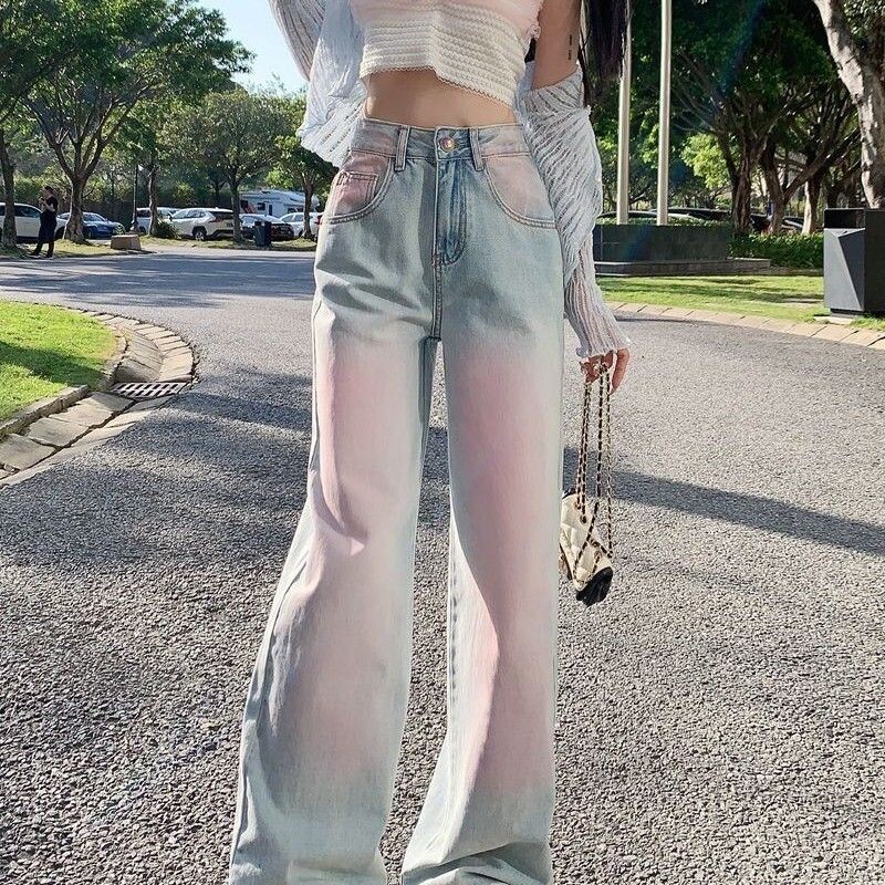 Dizaino skaistalai džinsai, moteriškos naujos mados tendencijos plonos retro Honkongo stiliaus tiesios gradiento kelnės