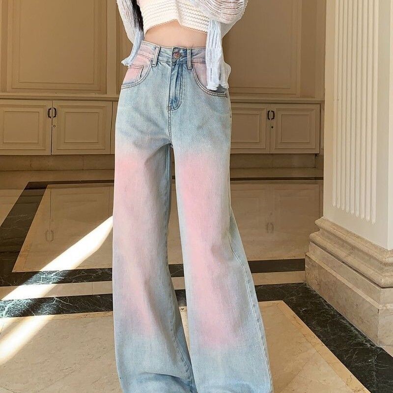 Dizaino skaistalai džinsai, moteriškos naujos mados tendencijos plonos retro Honkongo stiliaus tiesios gradiento kelnės