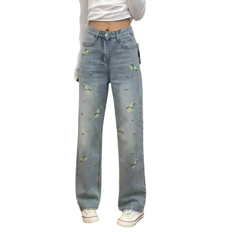 Vintažinio stiliaus didelio dydžio siuvinėti moteriški džinsai aukštu juosmeniu klubus dengiantys tiesios kojos varpelio apačia Vasarinė plona versija