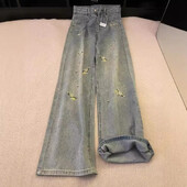 Nyári új stílusú hímzett széles szárú farmer női nagyméretű bő szabású karcsúsító magas derekú nadrág kínai country stílusú