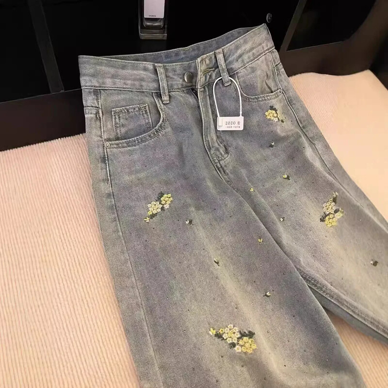 Nyári új stílusú hímzett széles szárú farmer női nagyméretű bő szabású karcsúsító magas derekú nadrág kínai country stílusú