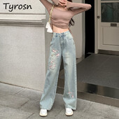 Ziedu izšūti Džinsi Sieviešu Vasara Jauna Eiropas Mode Augsts Viduklis Slaidas Platas Kājas Šiks Bikses Mazgāt Gaiši Krāsa Taisni