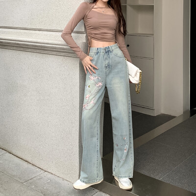 Ziedu izšūti Džinsi Sieviešu Vasara Jauna Eiropas Mode Augsts Viduklis Slaidas Platas Kājas Šiks Bikses Mazgāt Gaiši Krāsa Taisni