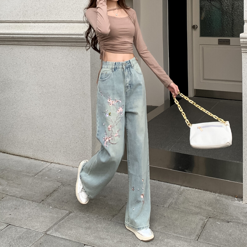 Ziedu izšūti Džinsi Sieviešu Vasara Jauna Eiropas Mode Augsts Viduklis Slaidas Platas Kājas Šiks Bikses Mazgāt Gaiši Krāsa Taisni