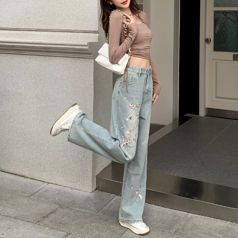 Ziedu izšūti Džinsi Sieviešu Vasara Jauna Eiropas Mode Augsts Viduklis Slaidas Platas Kājas Šiks Bikses Mazgāt Gaiši Krāsa Taisni