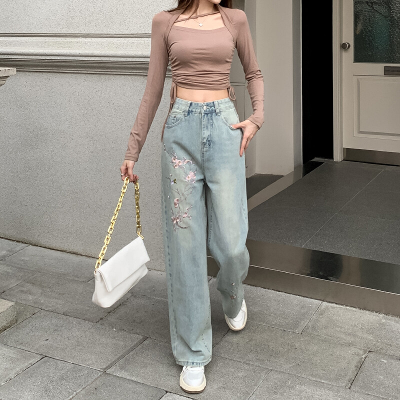 Ziedu izšūti Džinsi Sieviešu Vasara Jauna Eiropas Mode Augsts Viduklis Slaidas Platas Kājas Šiks Bikses Mazgāt Gaiši Krāsa Taisni