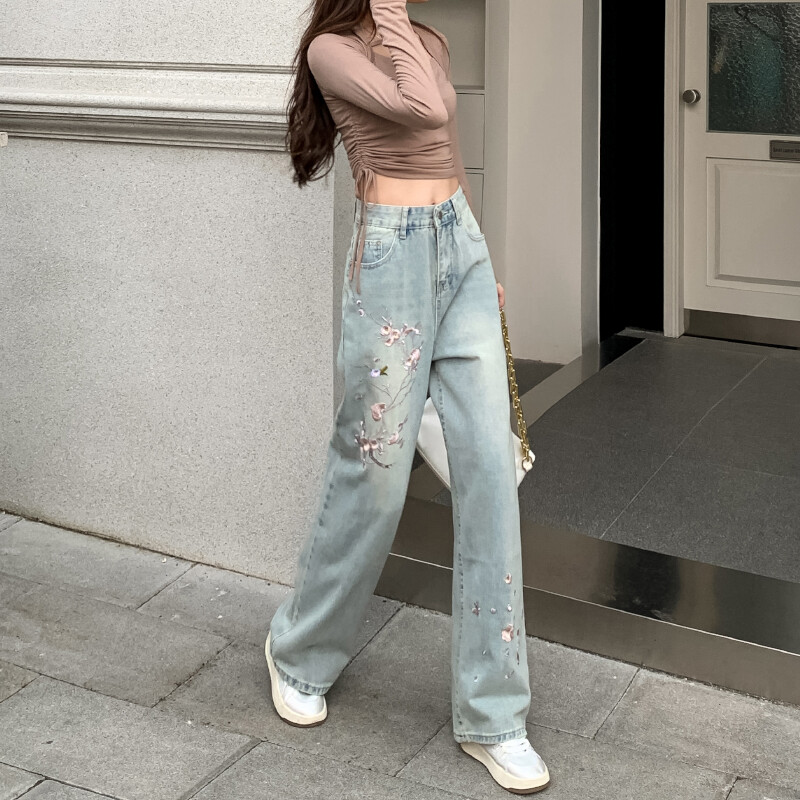 Ziedu izšūti Džinsi Sieviešu Vasara Jauna Eiropas Mode Augsts Viduklis Slaidas Platas Kājas Šiks Bikses Mazgāt Gaiši Krāsa Taisni