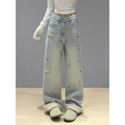 Hímzés táskás farmer Női divat Utcai hip-hop vintage magas derekú farmer Női alkalmi széles szárú nadrág Női farmer