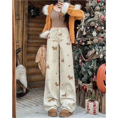 Hímzés táskás farmer Női divat Utcai hip-hop vintage magas derekú farmer Női alkalmi széles szárú nadrág Női farmer