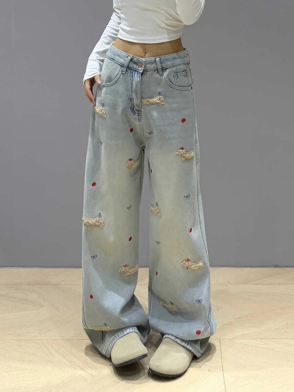 Hímzés táskás farmer Női divat Utcai hip-hop vintage magas derekú farmer Női alkalmi széles szárú nadrág Női farmer
