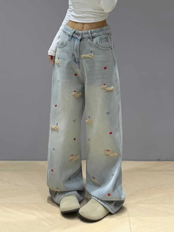 Hímzés táskás farmer Női divat Utcai hip-hop vintage magas derekú farmer Női alkalmi széles szárú nadrág Női farmer