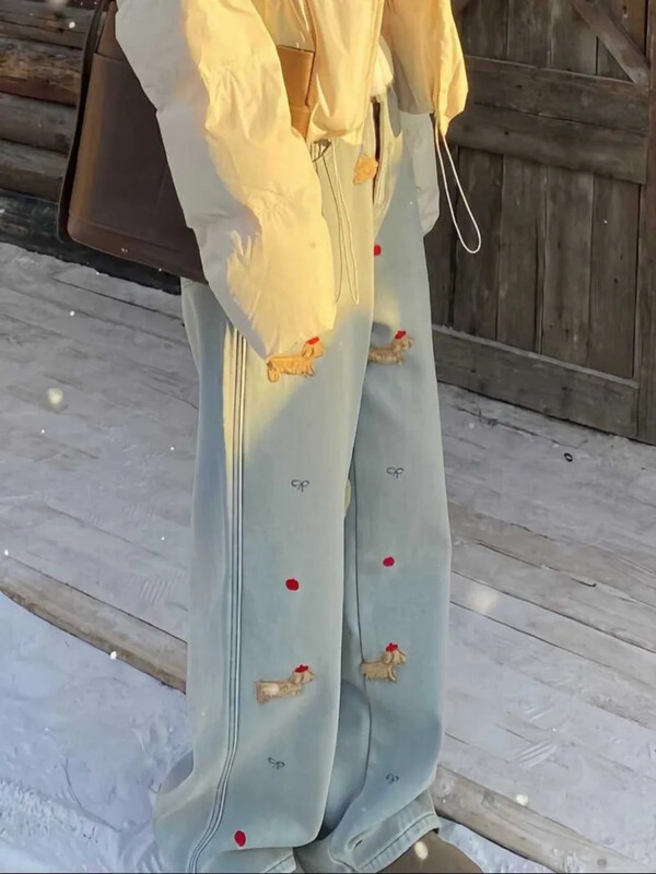 Hímzés táskás farmer Női divat Utcai hip-hop vintage magas derekú farmer Női alkalmi széles szárú nadrág Női farmer