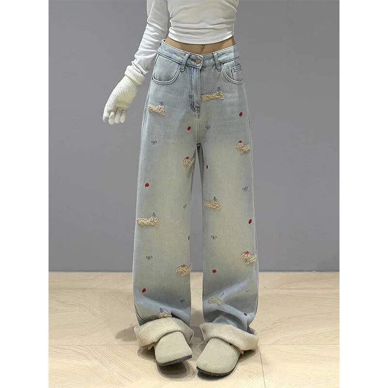 Hímzés táskás farmer Női divat Utcai hip-hop vintage magas derekú farmer Női alkalmi széles szárú nadrág Női farmer