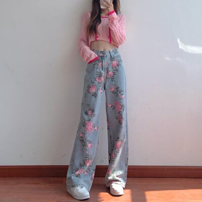 Moodsad elegantsed teksad naistele Lilleprinteriga kõrge vöökohaga taskud Pantalones De Mujer Kevad-sügis vabaaja püksid.