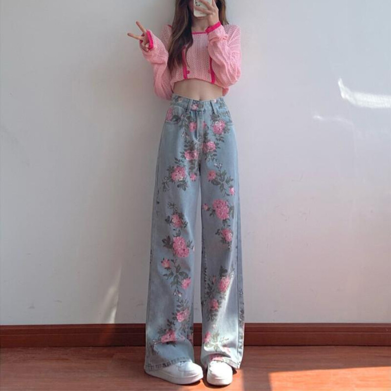 Moodsad elegantsed teksad naistele Lilleprinteriga kõrge vöökohaga taskud Pantalones De Mujer Kevad-sügis vabaaja püksid.