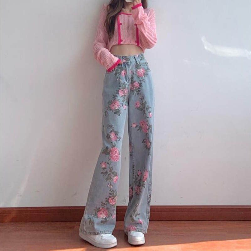 Moodsad elegantsed teksad naistele Lilleprinteriga kõrge vöökohaga taskud Pantalones De Mujer Kevad-sügis vabaaja püksid.