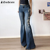 SUCHCUTE ar zemu vidukli, izšūts, uzliesmojošs džins sievietēm Y2K Streetwear džinsa bikses, estētiskas 2000. gadu Pant Grunge Fairycore Jaunums