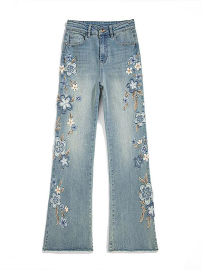 Pavasaris Vasara Nauji Džinsai Gėlėmis Siuvinėjimas Aukštu juosmeniu Dizainas Estetika Pantalones De Mujer Mada Visi atitinka elegantiškus drabužius