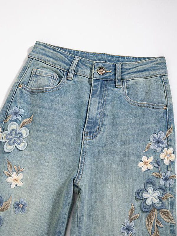 Pavasaris Vasara Nauji Džinsai Gėlėmis Siuvinėjimas Aukštu juosmeniu Dizainas Estetika Pantalones De Mujer Mada Visi atitinka elegantiškus drabužius