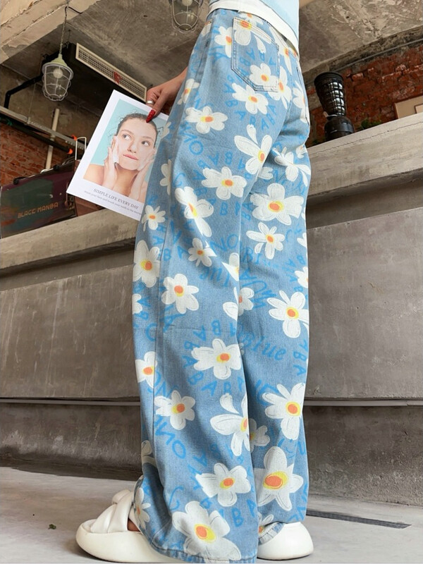 Moteriški džinsai Kūryba Individualios moksleivės gėlėtos raidės Saldžios šventės Atsitiktinis korėjietiškas stilius Unikali plačia kojelė aukštu juosmeniu Prašmatnus