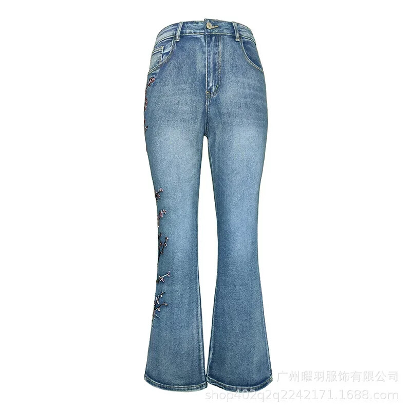 Jauni sieviešu retro džinsi ar augstu vidukli Elastīgi Slim Fit Izšuvumi Flare Bikses Visa garuma džinsa bikses Džinsi