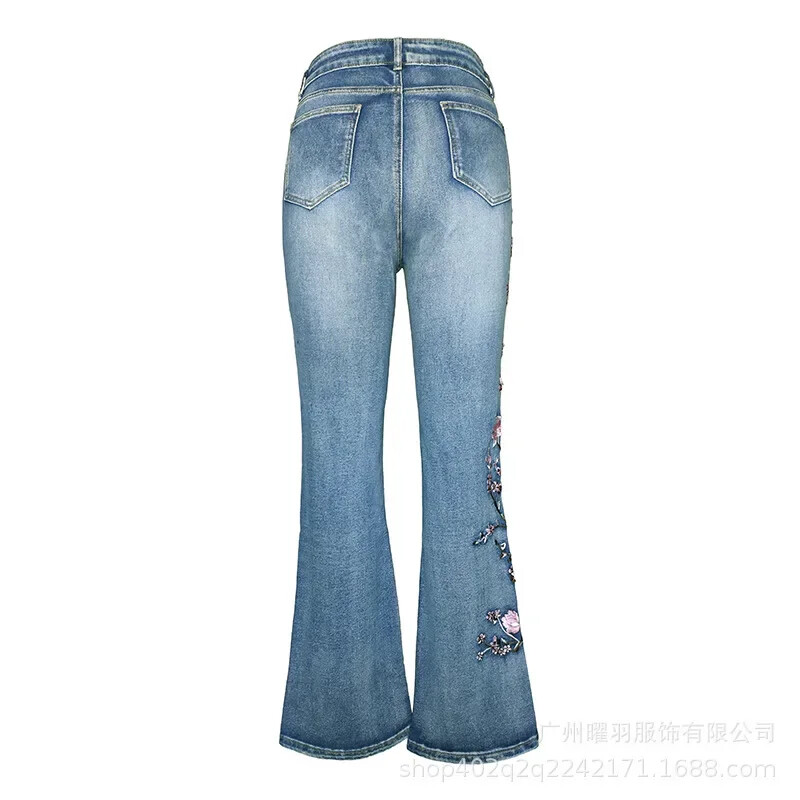 Jauni sieviešu retro džinsi ar augstu vidukli Elastīgi Slim Fit Izšuvumi Flare Bikses Visa garuma džinsa bikses Džinsi