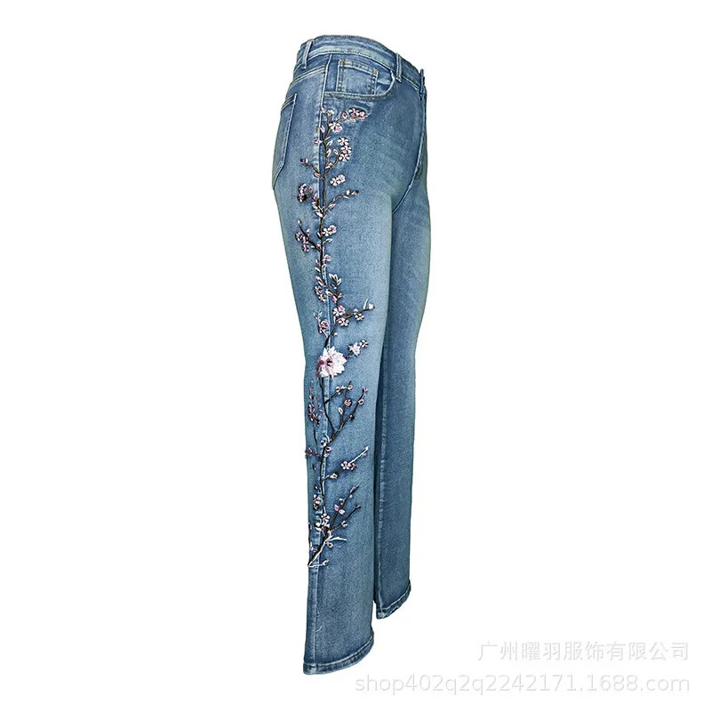 Jauni sieviešu retro džinsi ar augstu vidukli Elastīgi Slim Fit Izšuvumi Flare Bikses Visa garuma džinsa bikses Džinsi