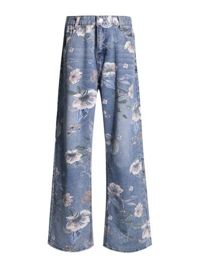 Džinsai Moteriški vintažiniai gėlėti amerikietiško stiliaus aukštu juosmeniu Visoms rungtynėms Harajuku gatvės apranga Rudens mada Populiarios studentės, kasdien maišytos