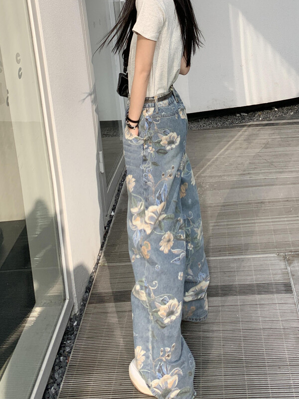 Džinsai Moteriški vintažiniai gėlėti amerikietiško stiliaus aukštu juosmeniu Visoms rungtynėms Harajuku gatvės apranga Rudens mada Populiarios studentės, kasdien maišytos