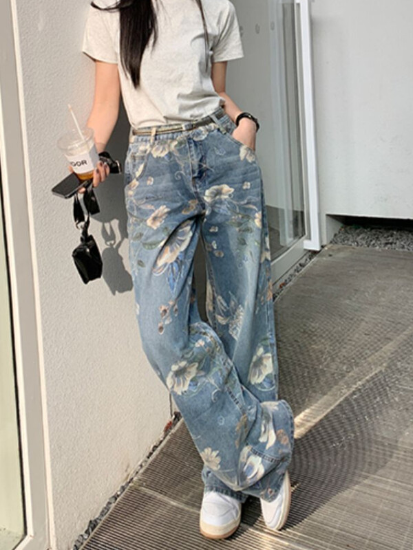 Džinsai Moteriški vintažiniai gėlėti amerikietiško stiliaus aukštu juosmeniu Visoms rungtynėms Harajuku gatvės apranga Rudens mada Populiarios studentės, kasdien maišytos