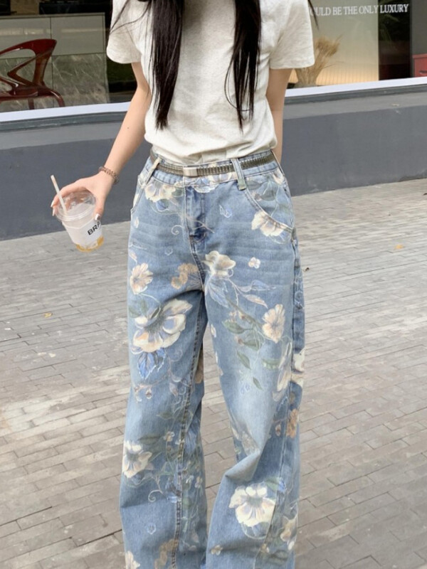Džinsai Moteriški vintažiniai gėlėti amerikietiško stiliaus aukštu juosmeniu Visoms rungtynėms Harajuku gatvės apranga Rudens mada Populiarios studentės, kasdien maišytos